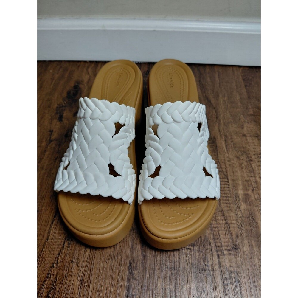 Crocs Women BROOKLYN WOVEN SLIDE HEEL Tan White Sandals Womens Size 8 - Picture 6 of 10